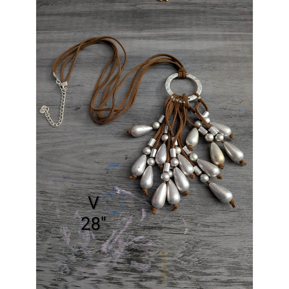 Boho Silver Teardrop Tassel Multi Strand Brown Cord Statement Necklace 28 Inch